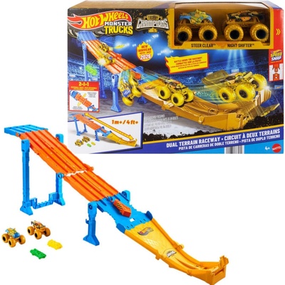 Hot Wheels Monster Trucks 2v1 závodní dráha Dual Terrain Raceway + 2 monster trucky
