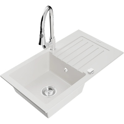 Mexen Pablo гранитна кухненска мивка с една камера и отцедник и кухненски смесител Elia, бял - 6510-20-670101-00 (6510-20-670101-00)