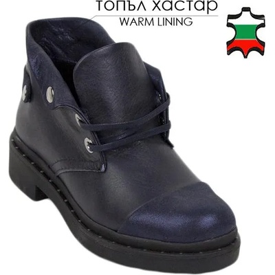 Български обувки Дамски кларкове от тъмносиня естествена кожа с лъскаво бомбе 20449