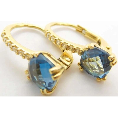Klenoty Budín dámské klasické zlaté náušnice se zirkony a blue topazy HK2240