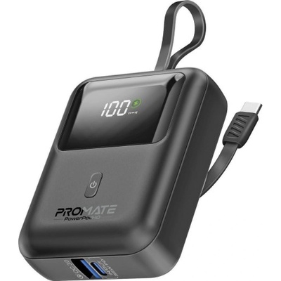Promate Външна батерия ProMate POWERPOD-10. BLACK 10000mAh Power bank w/ built-in USB-C Cable, 33W PD USB-C in/out port, 20W USB-A port (6959144064710)