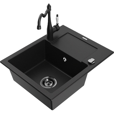 Mexen Enzo гранитна мивка с 1 корито с отцедник и кухненски смесител Carla, черен - 6506-77-670700-70-B (6506-77-670700-70-B)