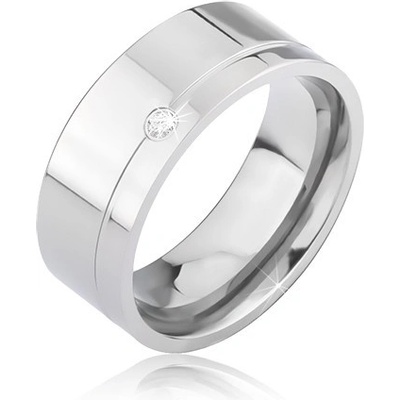 Šperky eshop lesklý stříbrný kroužek z titanu s rýhou a čirým kamínkem BB1.8