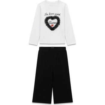 Guess Комплект бяла блуза с черно сърце и черен свободен панталон за мини момиче Guess