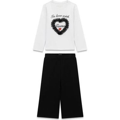 Guess Комплект бяла блуза с черно сърце и черен свободен панталон за мини момиче Guess
