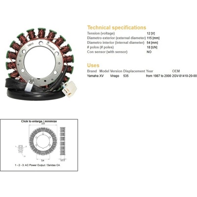 DZE stator (vinutí) alternátoru YAMAHA XV 535 VIRAGO 87-00 (2GV-81410-20-00)