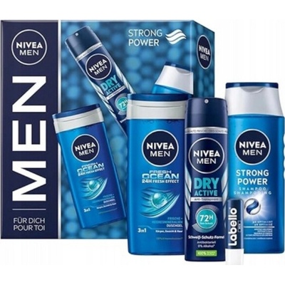 Nivea Men Strong power sprchový gel 250 ml + šampon 250 ml + deospray 150 ml + labello 5,5 ml
