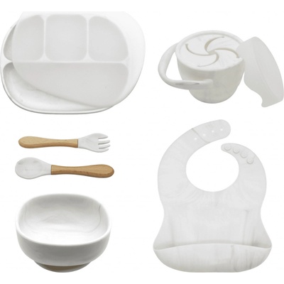 Malý Ježko silikónový jedálenský set pre deti EXCLUSIVE Marble White 6 dielny