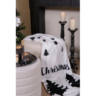 Clayre & Eef Bielo-čierny plyšový pléd so stromčekmi Black&White X-Mas 130x170