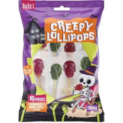 Becky's halloweenská lízátka s příchutí zeleného jablka a jahody 100 g