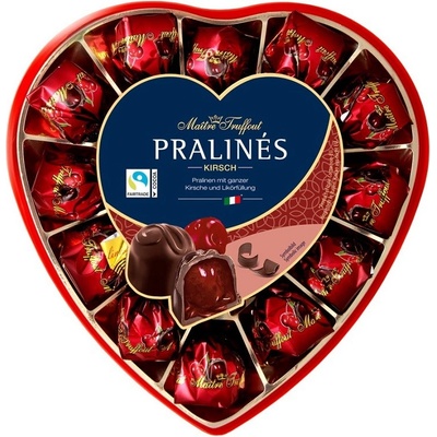 Maitre Truffout Hořké čokoládové pralinky s višní a likérem 4% plast srdce 140 g