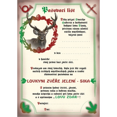 e‑myslivost.cz Pasovací list na lovce zvěře sičí - pro ženu - Motiv s personalizací