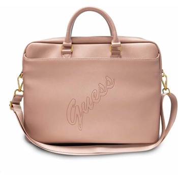 GUESS Saffiano Vintage Script Laptop Bag - луксозна дизайнерска чанта с дръжки и презрамка за преносими компютри до 16 инча (розов)