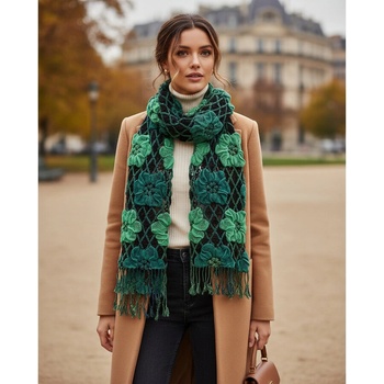 Дамски зимен шал в черно със зелени цветя