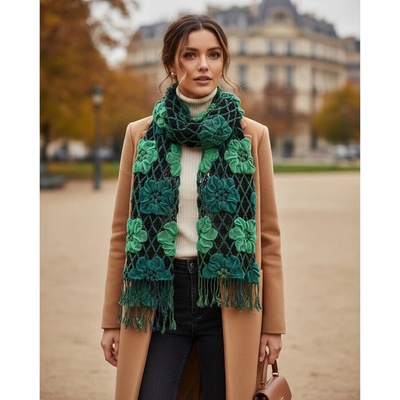 Дамски зимен шал в черно със зелени цветя