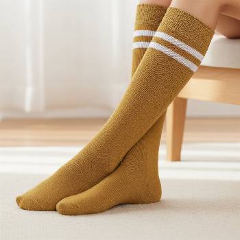 Дамски дълги 3/4 термо чорапи в цвят горчица с ленти