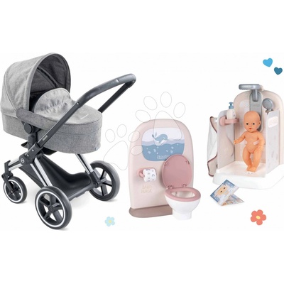 Corolle Set kočík s kúpeľňou pre bábiky Cybex Landau 3v1 Priam s funkčnou sprchou a záchodom s doplnkami k umývadlu