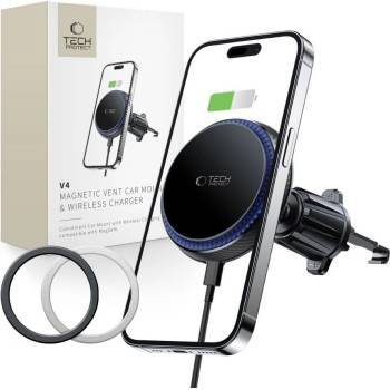 Tech-Protect Магнитна стойка за автомобил с MagSafe и безжично зареждане 15W от Tech Protect V4 - Черна (9490713933787)