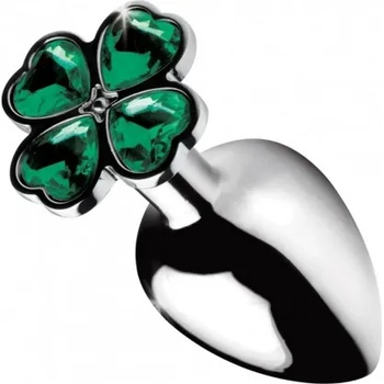XR Brands Метален анален разширител-бижу със зелен кристал-детелина Lucky Clover S