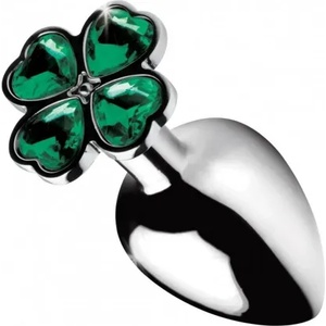 XR Brands Метален анален разширител-бижу със зелен кристал-детелина Lucky Clover S