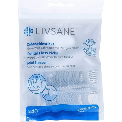 Livsane Zubná niť na držiaku voskovaná s príchuťou mäty 2v1 40 ks