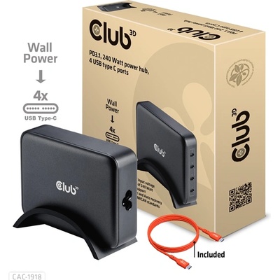 Club 3D Мрежов адаптер Club 3D - CAC-1918 (240W GaN, 4x USB-C, PD3.1, 4 конектора) (CAC-1918)