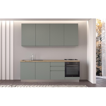 ARES Права кухня irene, лява, 240 см, лице зелено, плот дъб кадиз и светло сив гръб (0whfbi009bis)