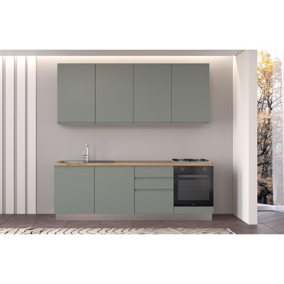 ARES Права кухня irene, лява, 240 см, лице зелено, плот дъб кадиз и светло сив гръб (0whfbi009bis)