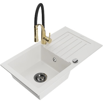 Mexen Pablo гранитна мивка с 1 отделение с отцедник и кухненски смесител Aster, бяла - 6510-20-73450-57-B (6510-20-73450-57-B)