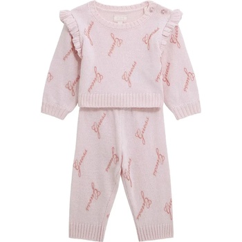 Guess Плетен комплект за бебе момиче в розов цвят с надписи Guess
