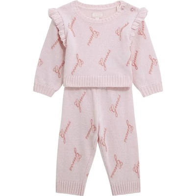 Guess Плетен комплект за бебе момиче в розов цвят с надписи Guess