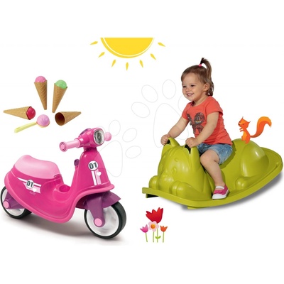 Smoby set Scooter ružové s gumenými kolesami a hojdačka na zem Kocúr so zmrzlinou 721002-15