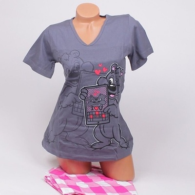 Пижама в тъмносиво с картинка и долнище в розово и бяло каре