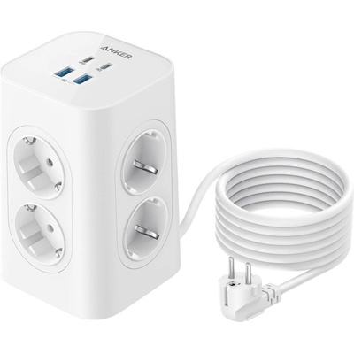 Anker Multiple Socket, захранващ разклонител, с 8 "шоко" гнезда, разклонител с 4 USB извода, 20W USB (A9185321)