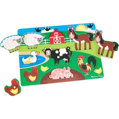 Melissa & Doug Дървен пъзел с дръжки Melissa & Doug - Ферма, 8 части (19050)