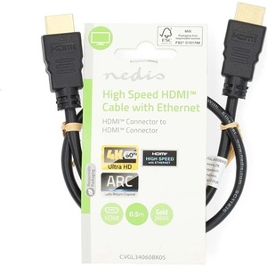 Nedis CVGL34060BK05 ultra HD HDMI кабел, HDMI щепсел - щепсел, 4K60Hz, ARC, 18 Gbps, позлатени конектори, дължина 0, 5 м (CVGL34060BK05)