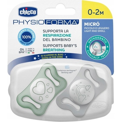 Chicco silikon ortodontický cumlík Physioforma Micro tyrkysová/ sivá 2 ks