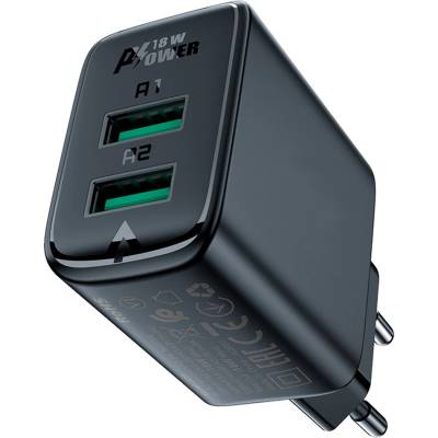 ACEFAST - Зарядно за стена (A33) - Двоен порт, Бързо зареждане 2x USB, QC18W - Черно