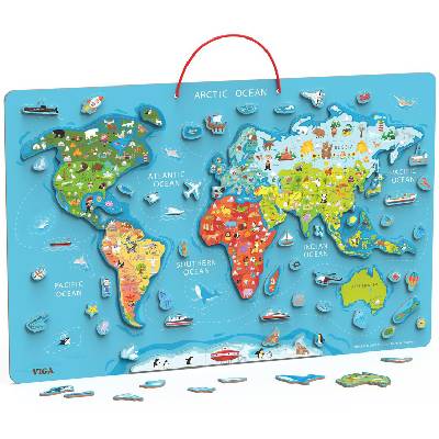 Viga Toys Дървен магнитен пъзел Viga - Карта на света и дъска за писане (44508)