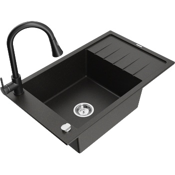Mexen Elias гранитна мивка 1-камерна с отцедник и кухненски смесител Elia, черен/златен металик - 6511-75-670101-70 (6511-75-670101-70)