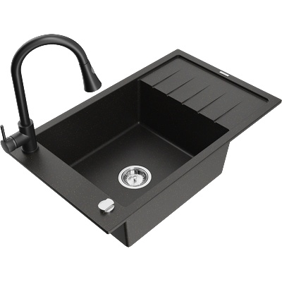 Mexen Elias гранитна мивка 1-камерна с отцедник и кухненски смесител Elia, черен/златен металик - 6511-75-670101-70 (6511-75-670101-70)