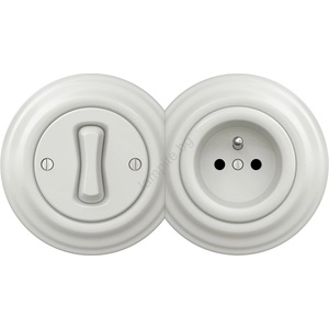 Reblig -Retro еднополюсен ключ č. 1 и розетка 230V с рамка, керамична, бяла (RG0008D)