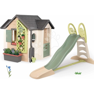 Smoby Set domček pre záhradníka s 2,3 m šmykľavkou s dvojitou vlnou Garden House Life rozšíriteľný s kvetináčmi