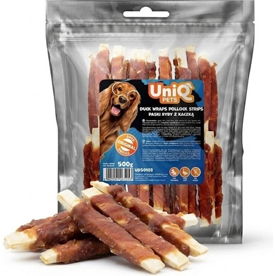 Uniq Pets Dog Snacks Meaty Duck Wraps Pollock Strips лакомства за кучета с патица и сайда, 500 г