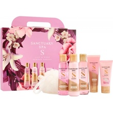 Sanctuary Spa Lilie & Růže Pamper Parcel sprchový gel 75 ml + tělový peeling 50 ml + tělové mléko 75 ml + krém na ruce 30 ml + pěna do koupele 75 ml + mycí houba, kosmetická sada