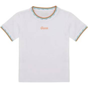 GUESS Бяла тениска за момче с оранжев бродиран надпис Guess и сини детайли