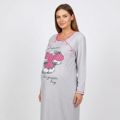 Сива нощница за кърмачки с мече, сърце и цикламен кант