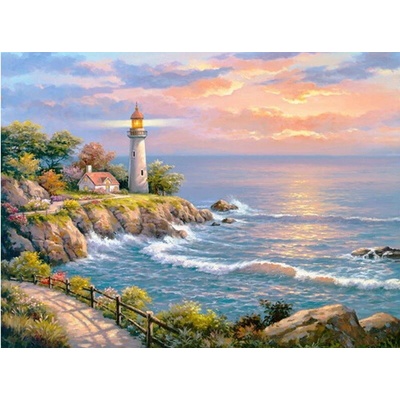 Елмазен Гоблен "Фарът и морето" - 40 x 30 см, Квадратни мъниста