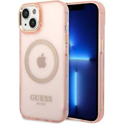 GUESS Кейс Guess GUHMP14SHTCMP за iPhone 14 6.1", розов / розов, твърд, Gold Outline Translucent MagSafe (GUE002591-0)