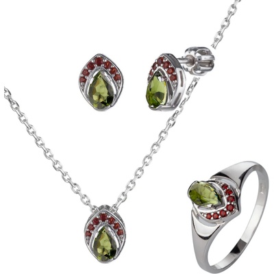 Granát Turnov Stříbrný set šperků 1445 s českým granátem a vltavínem, rhodiovaný - kapka 54 klapka